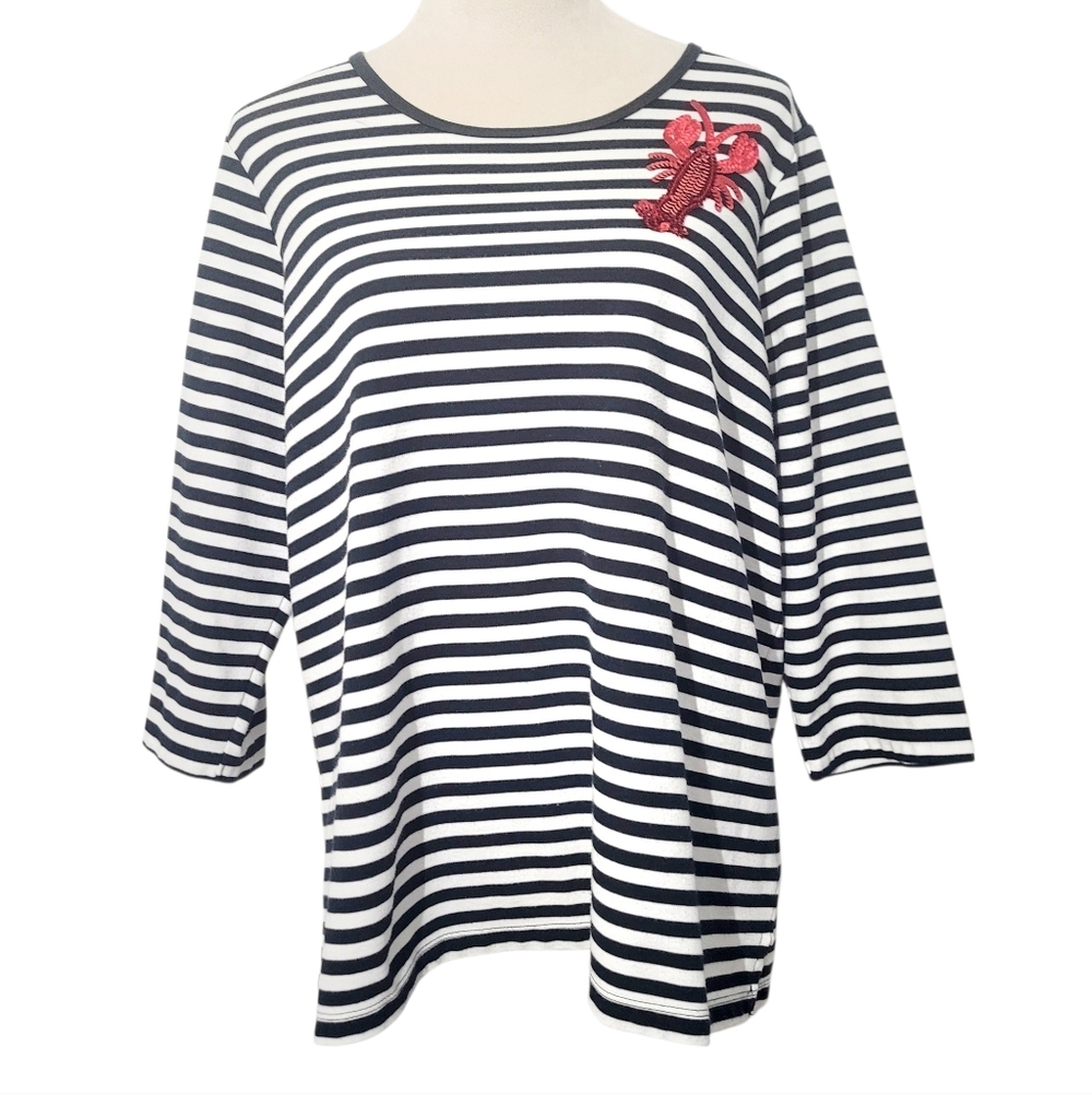 Quacker Factory Lobster Sequin Nautical Striped Top Women Size Large 3/4 Sleeve - Picture 2 of 12